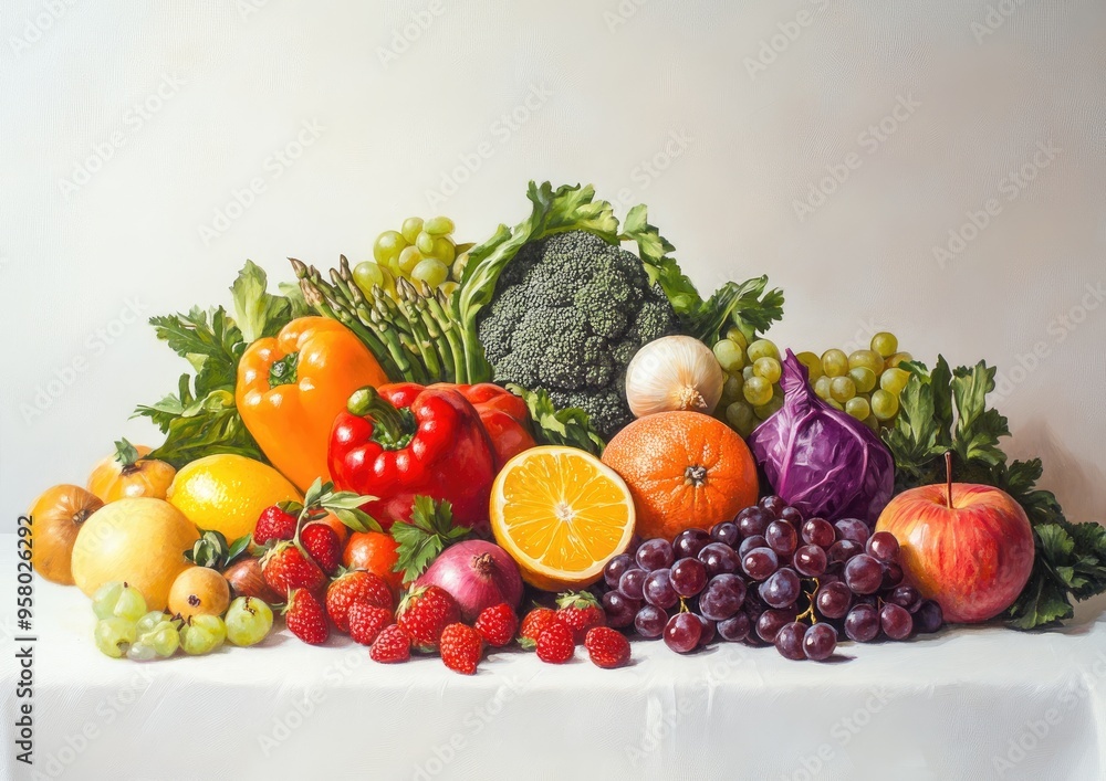 Oil painting depicting a variety of healthy foods featuring assorted fruits and vegetables on a white background ideal for food photography and close up shots with ample copy space Oil painting depicting a variety of healthy foods featuring assorted fruits and vegetables on a white background ideal for food photography and close up shots with ample copy space