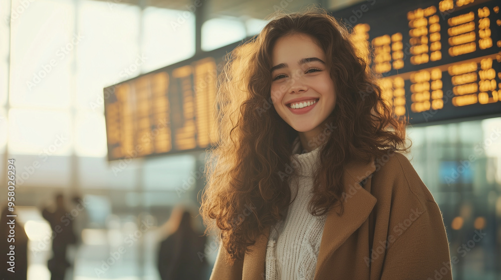 Fototapeta premium Joyful young woman standing in front of an airport departure board, checking her flight schedule and smiling at the camera, reflecting her positive travel experience. photo