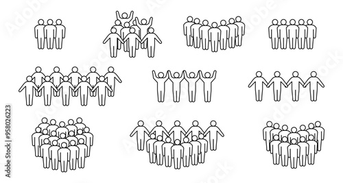 Teamwork icon. Leadership. Group of people in work, organization, company, business, network, community, fans, protest, crowd, celebration. For posters, web, apps, online games. Vector illustration