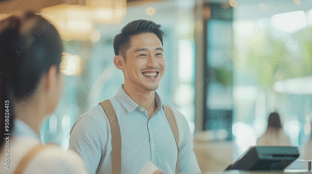 Fototapeta premium Smiling hotel receptionist helping an Asian male guest during the check-in process, ensuring a smooth and welcoming experience. photo