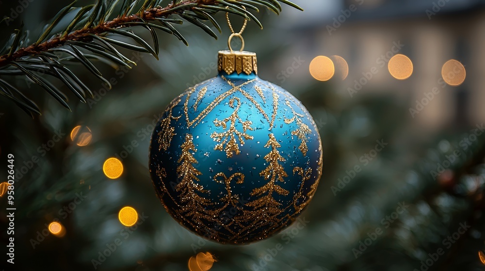 A beautifully decorated blue ornament hangs from a evergreen tree branch during a festive holiday season in winter A beautifully decorated blue ornament hangs from a evergreen tree branch during a festive holiday season in winter