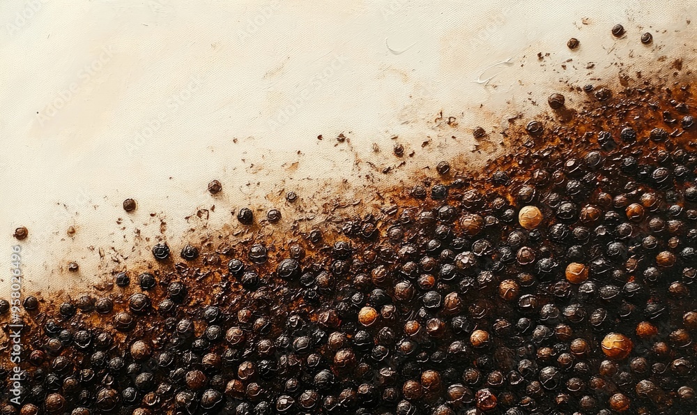 Close up oil painting of black pepper powder set against a white background showcasing its rich texture and color Close up oil painting of black pepper powder set against a white background showcasing its rich texture and color