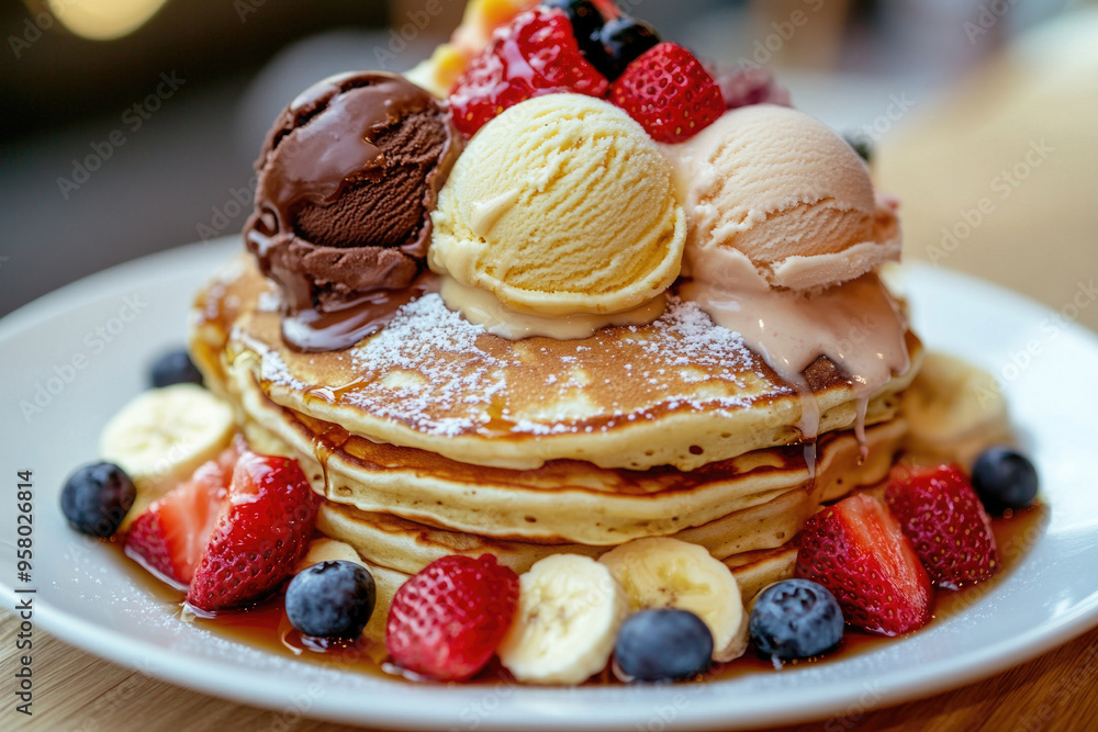 Pancakes topped with scoops of ice cream Pancakes topped with scoops of ice cream