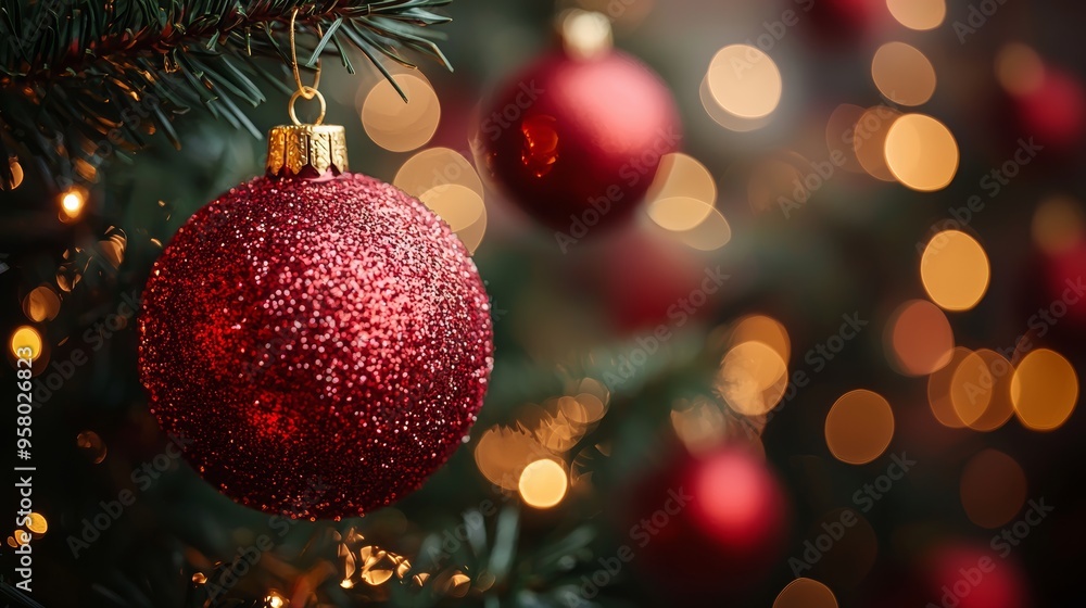 Shimmering red ornaments hanging on a festive Christmas tree decorated with warm, glowing lights during the holiday season Shimmering red ornaments hanging on a festive Christmas tree decorated with warm, glowing lights during the holiday season