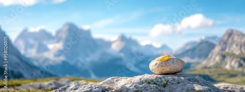  A rock bearing fruit atop, situated before mountain ranges photo