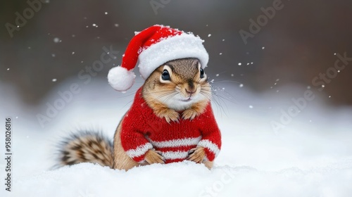 Chipmunk in snow with winter clothes like Santa Claus.. Christmas style hat and sweater. Funny animals in winter.