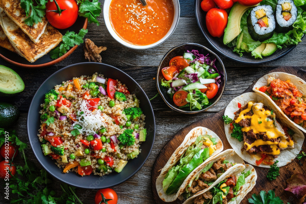 A variety of colorful lunch dishes arranged on a table A variety of colorful lunch dishes arranged on a table
