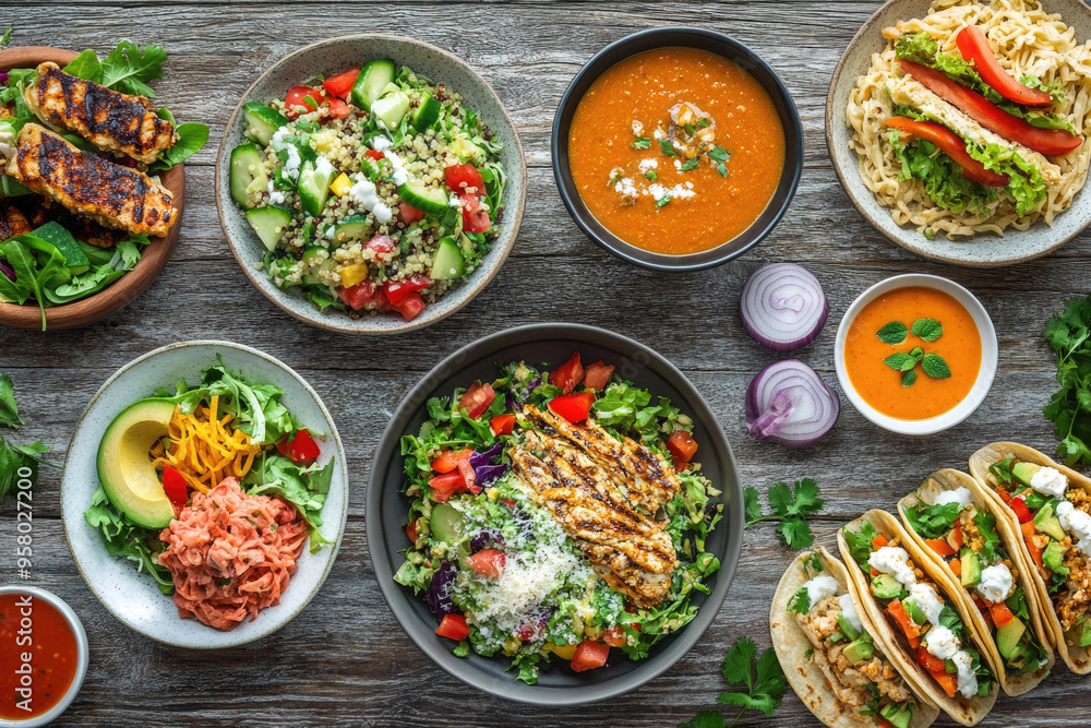 A variety of colorful lunch dishes arranged on a table A variety of colorful lunch dishes arranged on a table