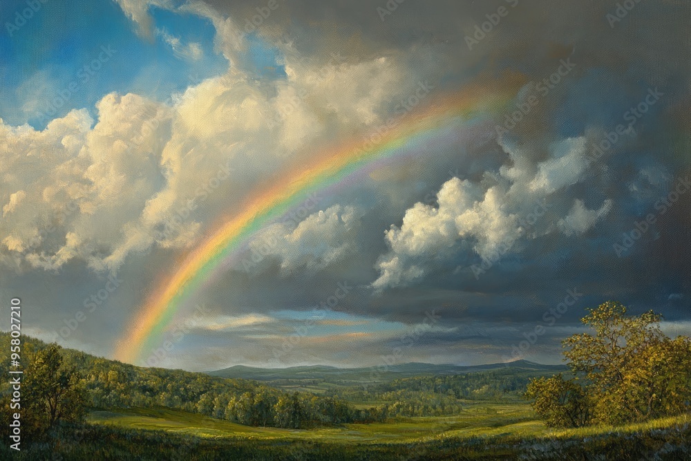Oil painting depicting a rainbow emerging in the sky following rainfall showcasing a beautiful atmospheric phenomenon Oil painting depicting a rainbow emerging in the sky following rainfall showcasing a beautiful atmospheric phenomenon