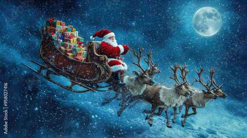 Santa Claus riding a sleigh pulled by reindeer across the night sky