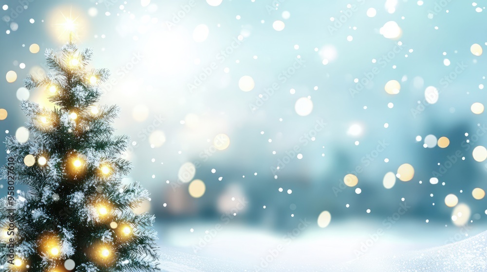Christmas tree and christmas lights on abstract snowy landscape background, xmas background concept with advertising space Christmas tree and christmas lights on abstract snowy landscape background, xmas background concept with advertising space