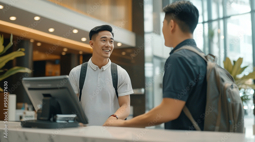 Happy receptionist engaging with an Asian male guest at the hotel check-in desk, offering exceptional customer service. photo Happy receptionist engaging with an Asian male guest at the hotel check-in desk, offering exceptional customer service. photo