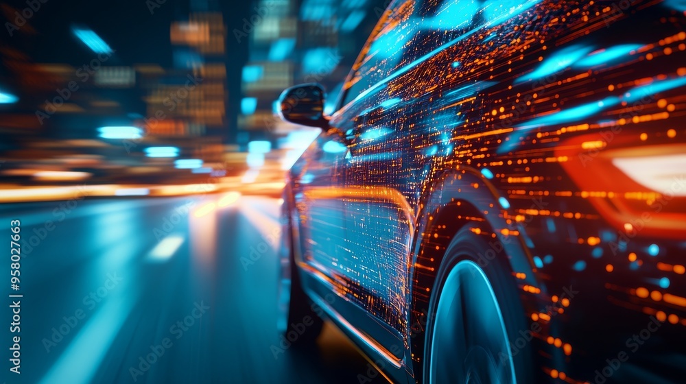 A modern, sleek car moves quickly through a vibrant cityscape at night, illuminated by colorful, fast-moving lights that enhance the image's futuristic feel. A modern, sleek car moves quickly through a vibrant cityscape at night, illuminated by colorful, fast-moving lights that enhance the image's futuristic feel.