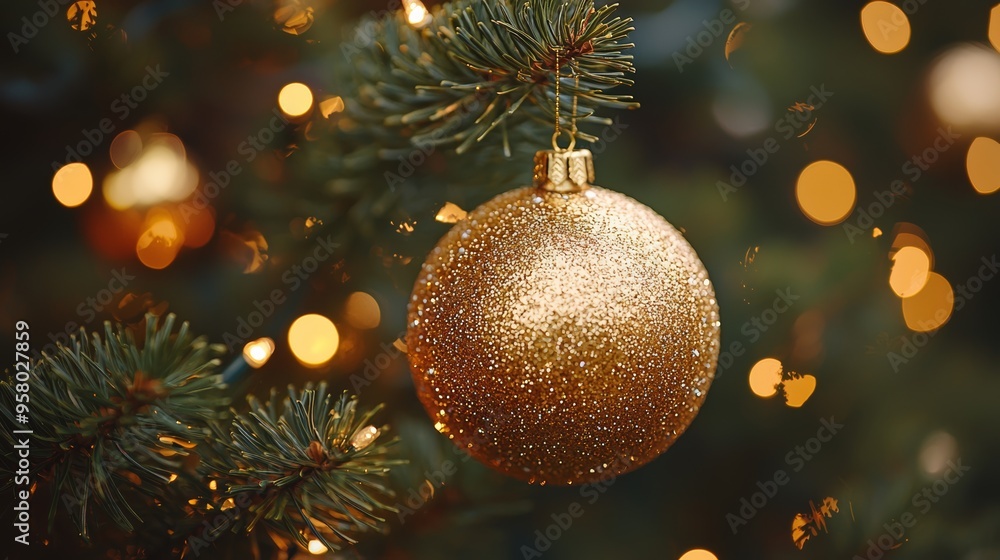 Golden ornament hanging on a Christmas tree with sparkling lights during the festive season Golden ornament hanging on a Christmas tree with sparkling lights during the festive season