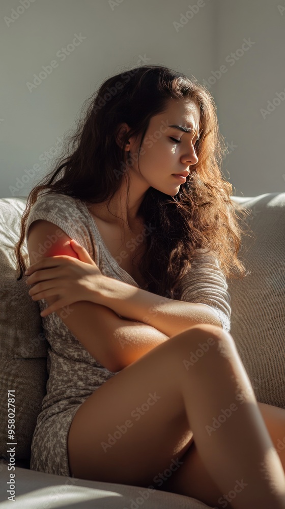 Fototapeta premium A young woman sits on a couch, holding her arm, looking thoughtful.