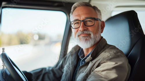 cheerful truck driver navigating his truck with ease, glancing at the camera with a proud and content expression, highlighting his passion for the job. photo