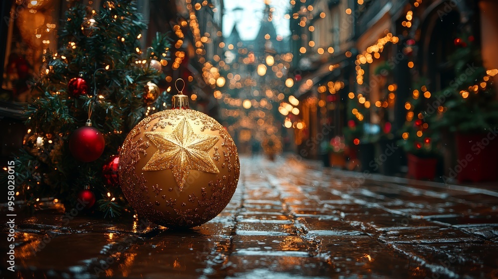 Festive alleyway adorned with golden Christmas ornament and twinkling lights in winter evening atmosphere Festive alleyway adorned with golden Christmas ornament and twinkling lights in winter evening atmosphere