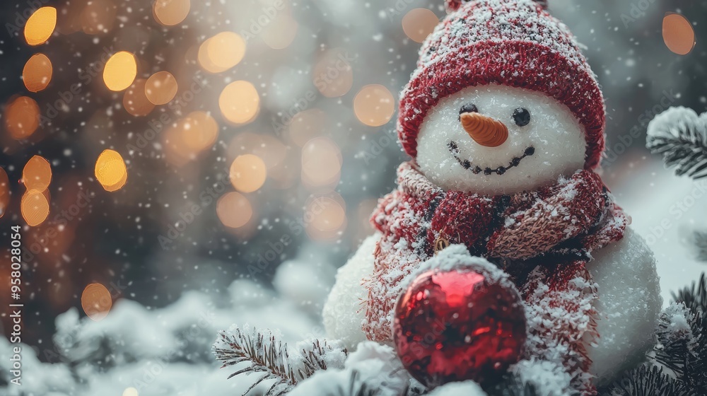 Obraz premium A cheerful snowman wearing a red hat and scarf sits among snowy trees with sparkling lights in the background during winter time