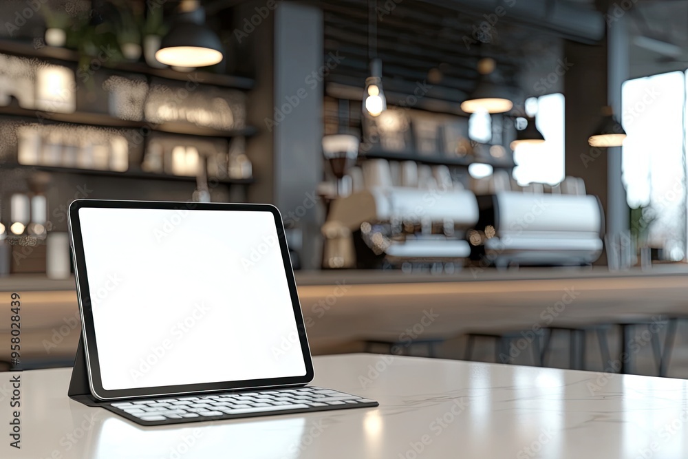 a digital tablet with a blank white screen, placed on a table in what appears to be a cozy softly lit cafe or office setting a digital tablet with a blank white screen, placed on a table in what appears to be a cozy softly lit cafe or office setting