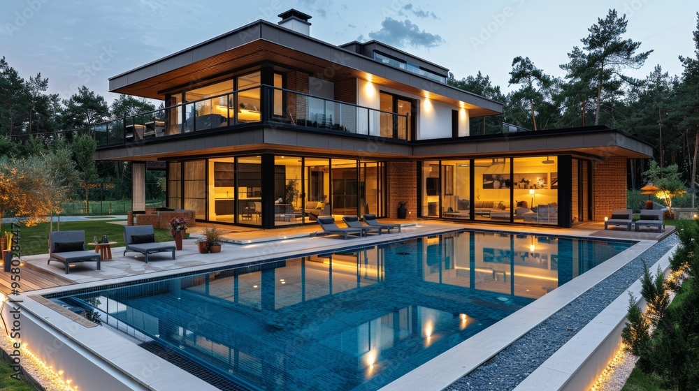 Modern luxury house with a pool in a serene forest setting during dusk showcasing elegant architecture and inviting ambiance Modern luxury house with a pool in a serene forest setting during dusk showcasing elegant architecture and inviting ambiance