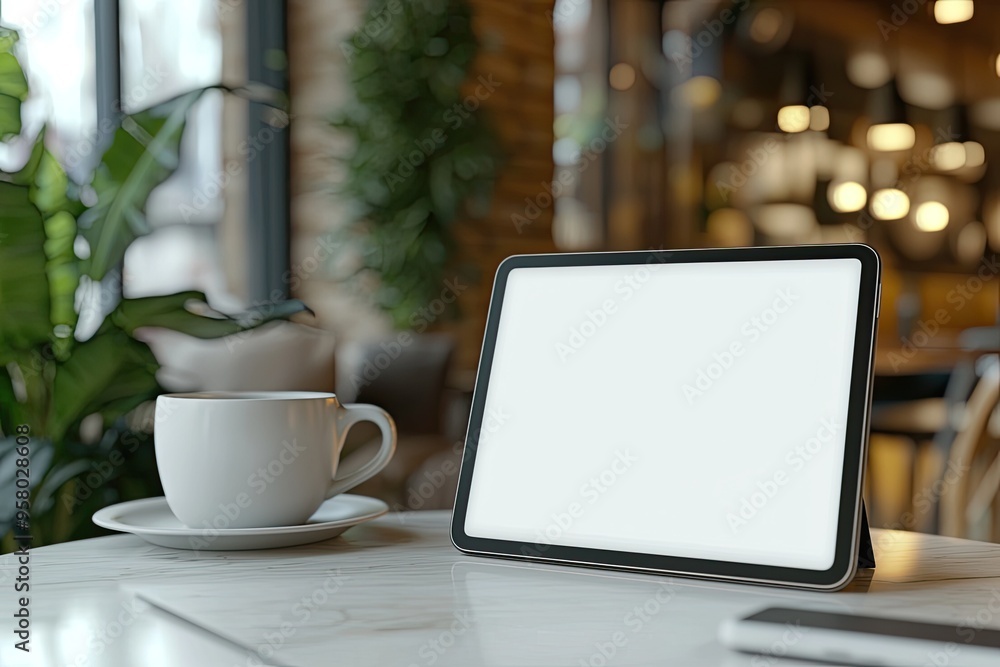 a digital tablet with a blank white screen, placed on a table in what appears to be a cozy softly lit cafe or office setting a digital tablet with a blank white screen, placed on a table in what appears to be a cozy softly lit cafe or office setting