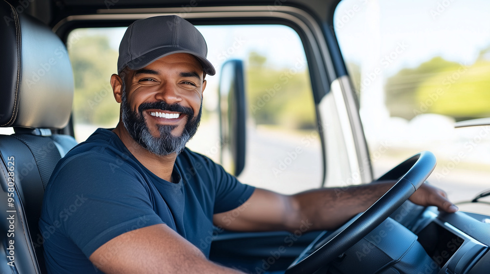 Obraz premium happy professional truck driver confidently driving his truck, smiling and looking directly at the camera with the road ahead visible. photo