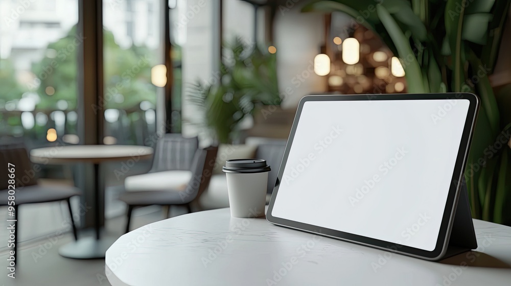 a digital tablet with a blank white screen, placed on a table in what appears to be a cozy softly lit cafe or office setting a digital tablet with a blank white screen, placed on a table in what appears to be a cozy softly lit cafe or office setting