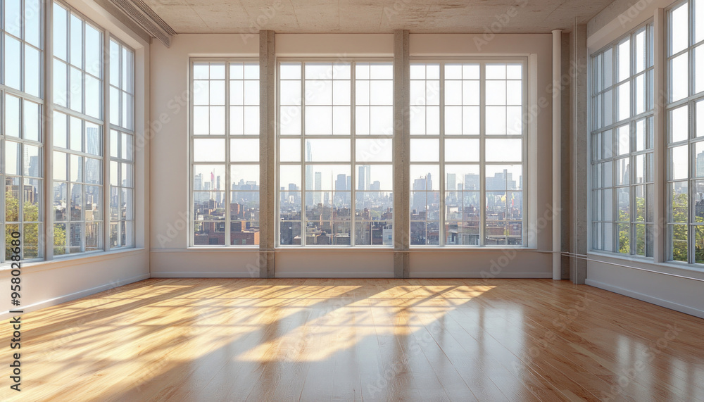 Fototapeta premium Empty loft apartment with sunlight shining through large windows overlooking city
