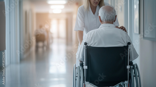 Joyful woman pushing her elderly father in a wheelchair through a nursing home hallway, highlighting a heartfelt visit and family connection in a caring environment. photo