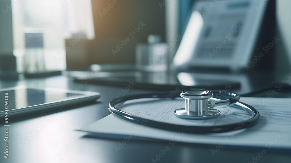 A close-up of a doctor's stethoscope lying on patient documents in a modern medical office with soft lighting creating a professional ambiance A close-up of a doctor's stethoscope lying on patient documents in a modern medical office with soft lighting creating a professional ambiance