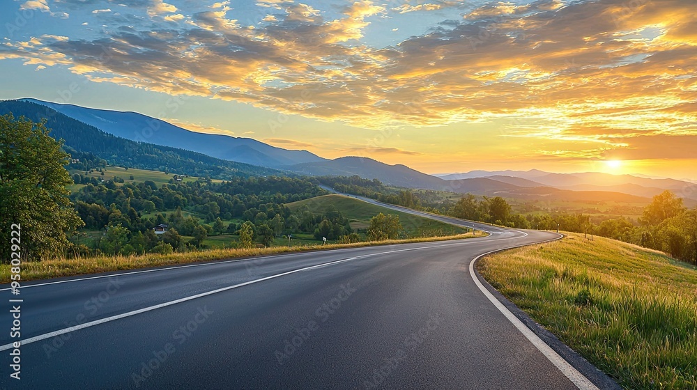 beautifully curved asphalt road stretching through a scenic landscape at sunset. The road is bordered by lush green trees and mountains beautifully curved asphalt road stretching through a scenic landscape at sunset. The road is bordered by lush green trees and mountains