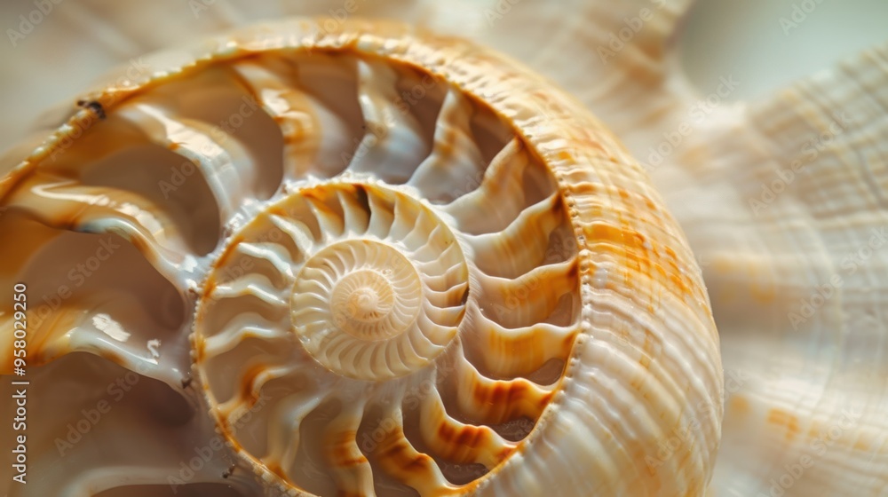 Nautilus shell highlighted in an abstract setting, showcasing its detailed spiral. The shell's geometric design is a beautiful display of marine life and nature. Nautilus shell highlighted in an abstract setting, showcasing its detailed spiral. The shell's geometric design is a beautiful display of marine life and nature.