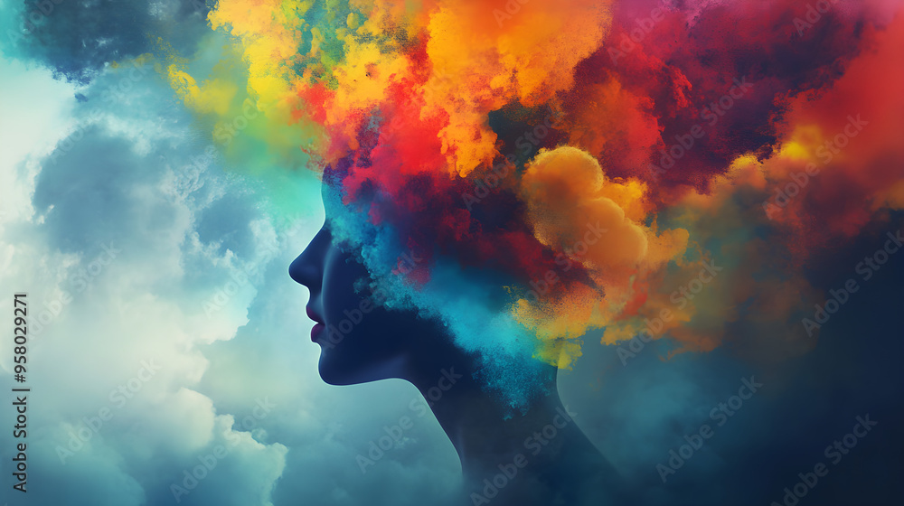 A conceptual image of a human silhouette filled with vibrant colors and clouds representing creativity and imagination A conceptual image of a human silhouette filled with vibrant colors and clouds representing creativity and imagination