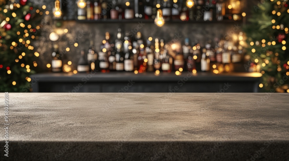 Empty concrete table top in front of a bar. Template showcase scene for advertising products. New Year, Christmas, Black Friday, Cyber Monday, Thanksgiving Empty concrete table top in front of a bar. Template showcase scene for advertising products. New Year, Christmas, Black Friday, Cyber Monday, Thanksgiving