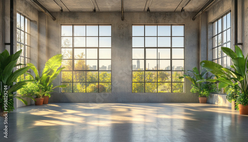 Empty industrial loft apartment with city view and plants