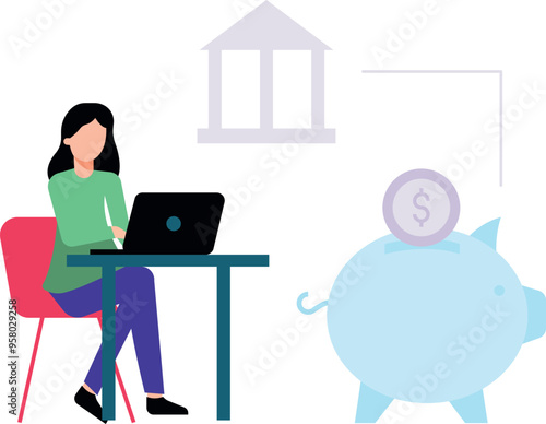 The girl is transferring money to the bank.