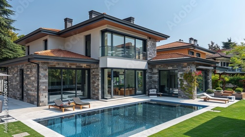 Wallpaper Mural Modern villa with a swimming pool and garden in a suburban neighborhood on a sunny day Torontodigital.ca