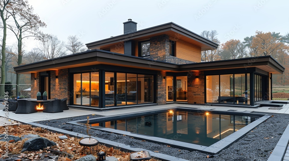 Modern house with glass walls and pool surrounded by trees in autumn during twilight Modern house with glass walls and pool surrounded by trees in autumn during twilight