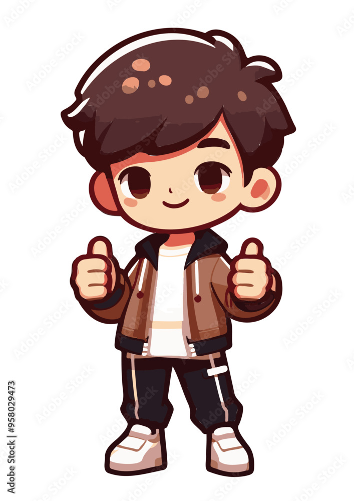 时Fashionable cartoon boy giving a thumbs-up gesture in a modern vector illustration, ideal for design resources. The stylish child character is drawn with clean lines and vibrant colors, capturing尚男孩1 时Fashionable cartoon boy giving a thumbs-up gesture in a modern vector illustration, ideal for design resources. The stylish child character is drawn with clean lines and vibrant colors, capturing尚男孩1