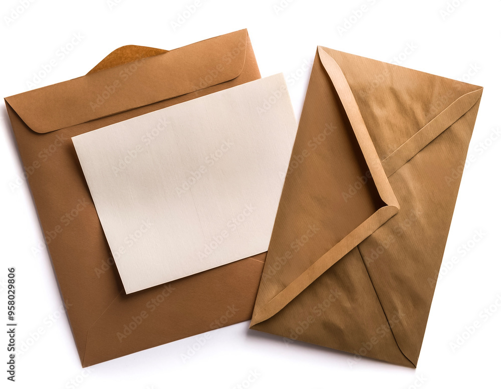 Set of brown envelopes (sealed, empty and with a blank paper inside), isolated on white background Set of brown envelopes (sealed, empty and with a blank paper inside), isolated on white background