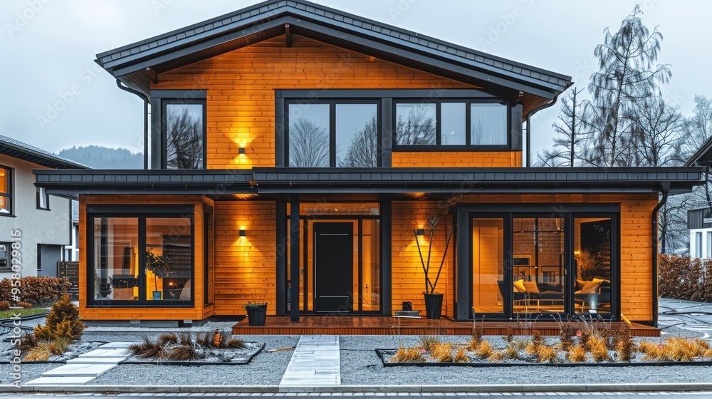 Modern wooden house exterior at dusk with warm lights and landscaped garden in a suburban neighborhood Modern wooden house exterior at dusk with warm lights and landscaped garden in a suburban neighborhood