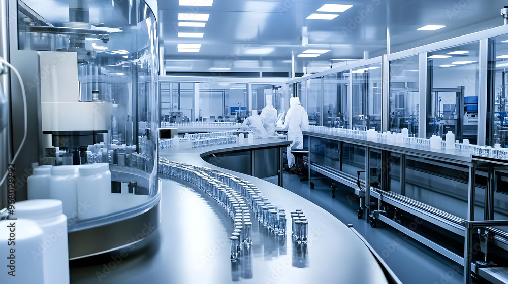 Obraz premium A high-tech cleanroom in a pharmaceutical factory showcases workers in protective gear processing bottles and vials in a sterile environment