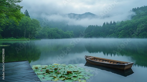 44. A serene Japanese lake with lily pads and blooming lotus flowers, a small wooden boat tied to a dock, and mist rising from the water in the early morning photo