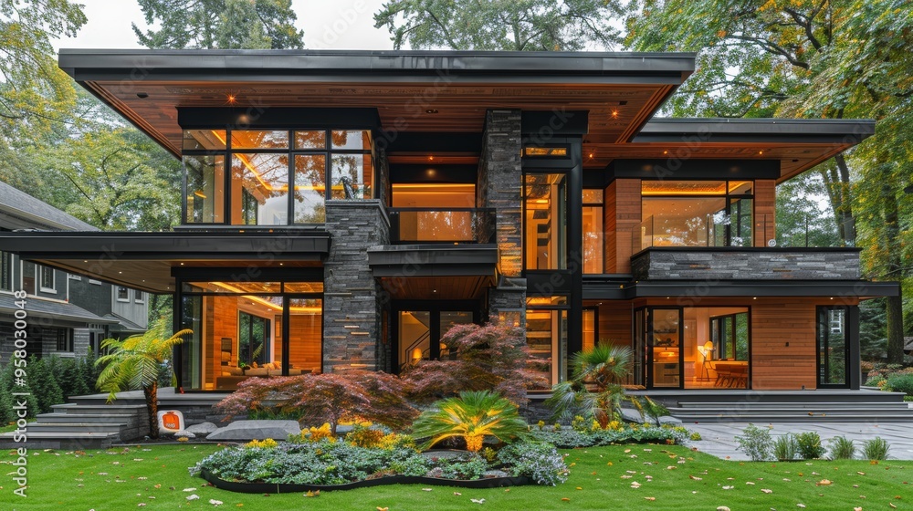Modern architectural marvel featuring extensive glass and wood design in a lush garden setting during twilight hours Modern architectural marvel featuring extensive glass and wood design in a lush garden setting during twilight hours
