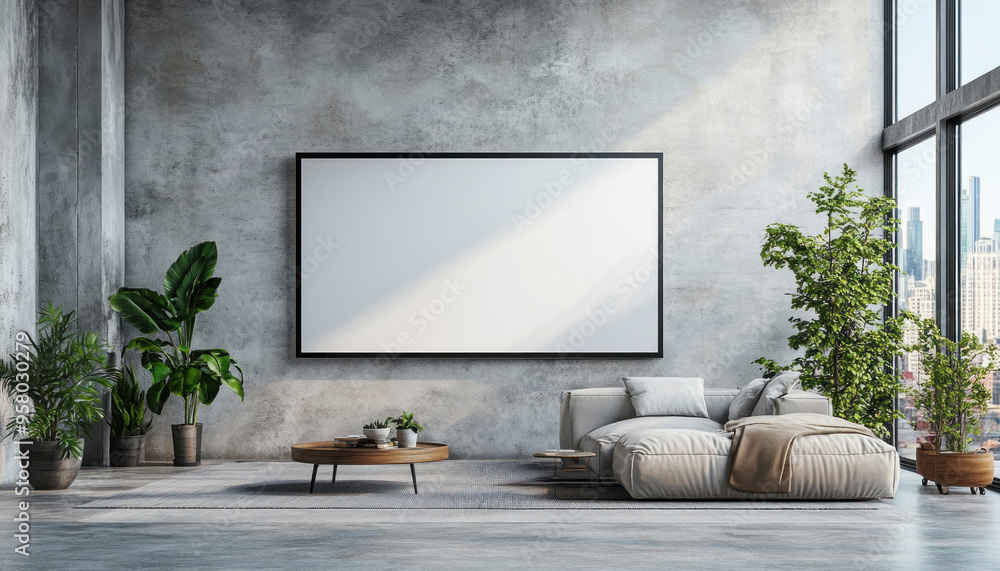 Modern industrial open plan living room with a blank frame mockup above the sofa Modern industrial open plan living room with a blank frame mockup above the sofa