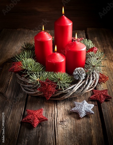 Primer plano de una corona de Adviento; Navidad, invierno