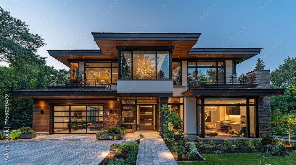 Modern two-story house exterior with large windows, lush landscaping, and warm evening lighting in a serene neighborhood setting Modern two-story house exterior with large windows, lush landscaping, and warm evening lighting in a serene neighborhood setting