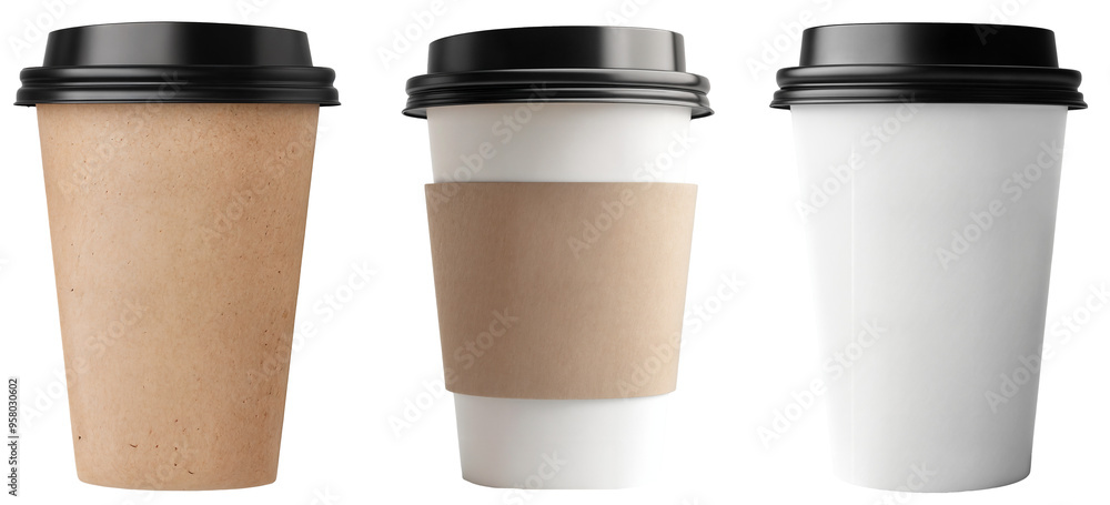 Set of Disposable Coffee Cups with Black Lids Isolated on Transparent Background – Cardboard and Paper To-Go Cups for Hot Beverages, Cafes, and Takeaway Drink Concepts Set of Disposable Coffee Cups with Black Lids Isolated on Transparent Background – Cardboard and Paper To-Go Cups for Hot Beverages, Cafes, and Takeaway Drink Concepts