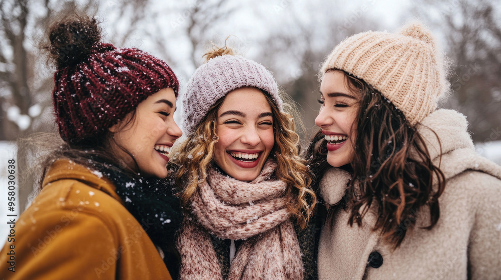 Portrait of three happy young women in winter. Portrait of three happy young women in winter.