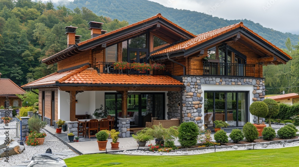 Obraz premium Charming wooden house with a stone facade surrounded by greenery in a mountainous area on a cloudy day